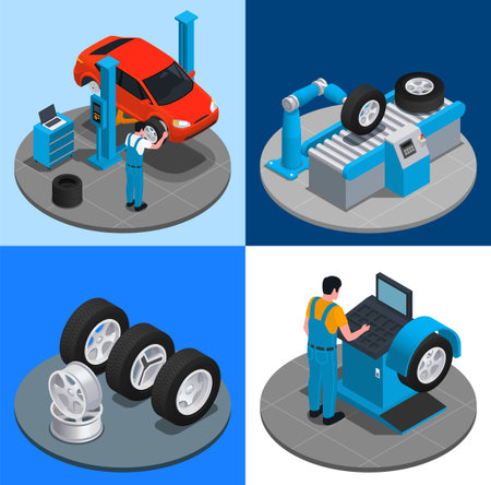 Four tire production service isometric icon set installation of tires in repair shop production at factory, different types of tires equipment adjustment by mechanical engineer vector illustrationのイラスト素材