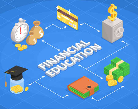 Financial education literacy isometric flowchart pointers to leather wallet banknote stacks safe with money and gold card vector illustrationのイラスト素材
