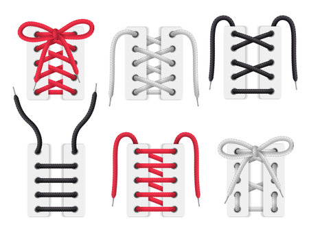 White boots corsets red black lacing realistic set with criss cross straight bar sawtooth patterns vector illustrationのイラスト素材
