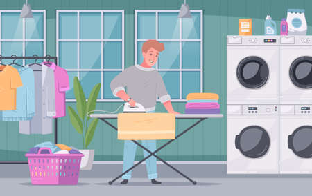 Self service coin laundry facility interior flat cartoon composition with customer ironing his washed clothes vector illustrationのイラスト素材