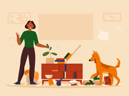 Flat angry woman and her naughty dog making mess in room with books papers boots lying about the floor vector illustrationのイラスト素材