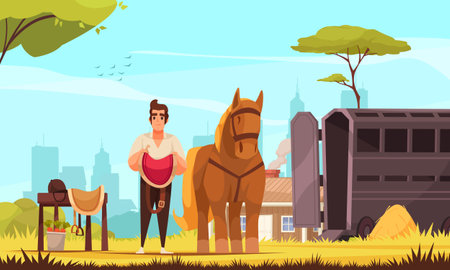 Horse riding background with sport and entertainment symbols flat vector illustrationのイラスト素材
