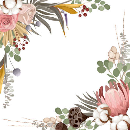 Boho dried flowers composition with empty space surrounded by fresh leaves and flowers with ripe leaves vector illustrationのイラスト素材
