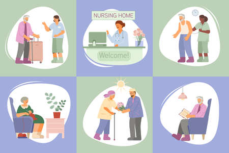 Medical care and leisure activities for elderly people at nursing home flat composition set on colored background isolated vector illustrationのイラスト素材