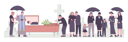 Death flat composition with funeral burial service dead man in coffin priest and mourning people vector illustrationのイラスト素材
