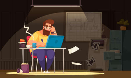 Architect designing project cartoon office composition with man at his workplace working overtime flat vector illustrationのイラスト素材