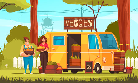 Small business flat background with two woman selling farmers products brought by minibus cartoon vector illustrationのイラスト素材