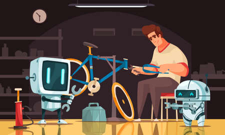 Futuristic robots flat background with two friendly robot assistants helping man fix bicycle cartoon vector illustrationのイラスト素材