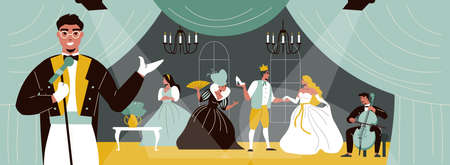 Theatre scene with actors acting in play and smiling man with microphone in foreground flat vector illustrationのイラスト素材