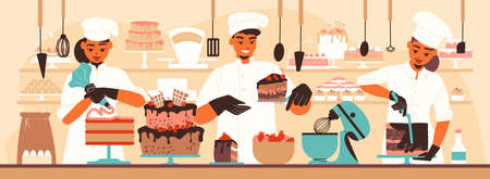 Three smiling confectionery cooks in uniform making cakes with showcase on background flat vector...