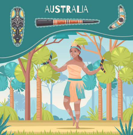 Australia cartoon poster with charming female aborigine in national clothes holding boomerang at natura background vector illustrationのイラスト素材