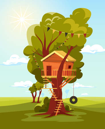 Children tree wood house composition with vertical landscape and huge tree with attached house and ladder vector illustrationのイラスト素材