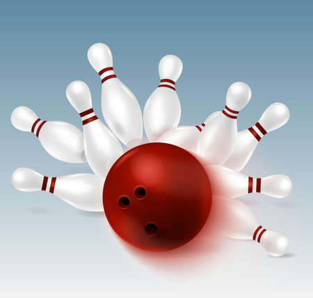 Realistic bowling composition with images of ball strike and falling pins with shadows on white background vector illustrationのイラスト素材