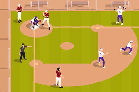 Baseball isometric composition with view of ball field with players on playable positions referee...