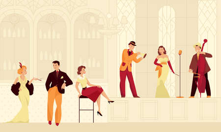 Retro twenties restaurant composition with characters of musicians and visitors in vintage outfits with stage background vector illustrationのイラスト素材