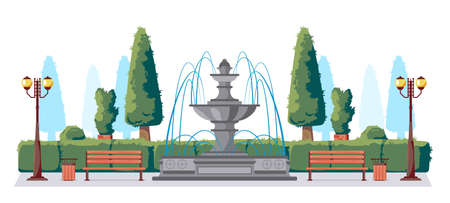 Park horizontal composition with front view of city park with fountain benches trees and lamp posts vector illustrationのイラスト素材