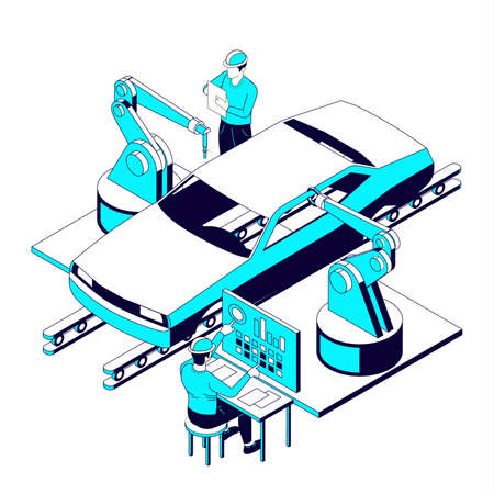 Car parts production isometric set with human character of worker operating arm manipulators assembling car body vector illustrationのイラスト素材