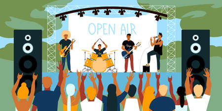 Open air festival horizontal banner with musicians on stage and fans flat vector illustrationのイラスト素材