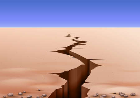 Desert landscape ground cracks realistic composition with outdoor scenery clear sky and view of earth rift vector illustrationのイラスト素材