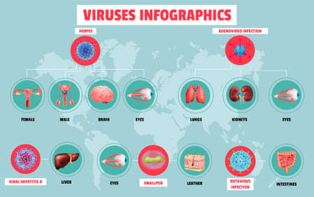 Realistic infographics with various viruses and affected human organs on background with world map vector illustrationのイラスト素材