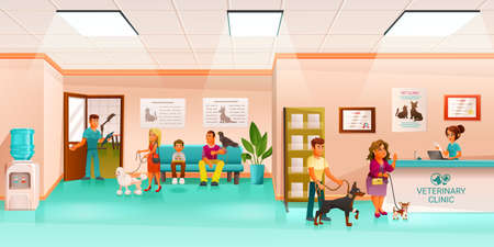 Veterinary clinic cartoon composition with view of reception hall with human characters and pets vector illustrationのイラスト素材