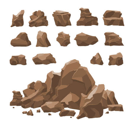 Rocks and mountains stones decorative garden elements nature scenery realistic set white background isolated vector illustrationのイラスト素材
