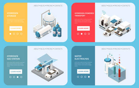 Hydrogen energy powered transport gas station storage tank water electrolysis 4 isometric web banners concept vector illustrationのイラスト素材