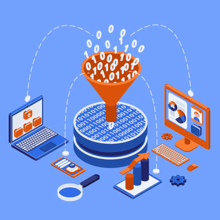 Isometric flowchart in which big data is collected in a funnel and distributed across digital devices vector illustrationのイラスト素材