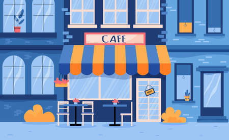 The facade of the cafe with tables under a canopy and a sign with the name flat vector illustrationのイラスト素材