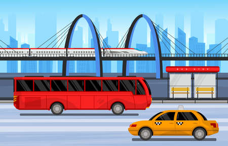 Public transport composition trains buses and cabs go as usual around the city vector illustrationのイラスト素材