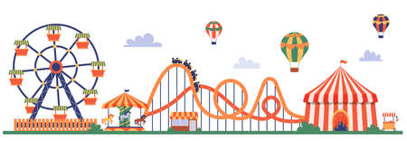 Amusement park composition with outdoor scenery and view of circus big top rollercoaster and observation wheel vector illustrationのイラスト素材