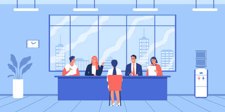 Job search composition with indoor scenery and character of female applicant sitting in front of employers vector illustrationのイラスト素材