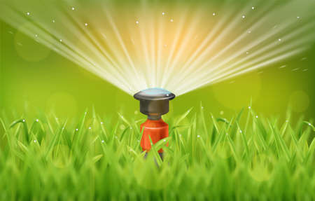 Automatic sprinkler system watering fresh green lawn realistic vector illustrationのイラスト素材