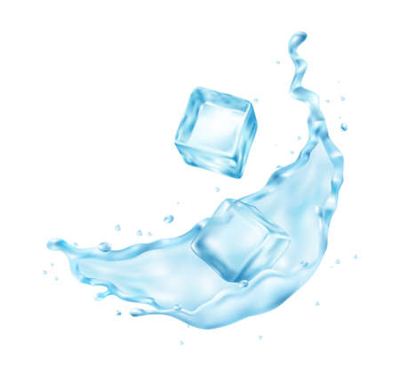 Realistic composition with images of water splash with ice cubes on blank background vector illustrationのイラスト素材