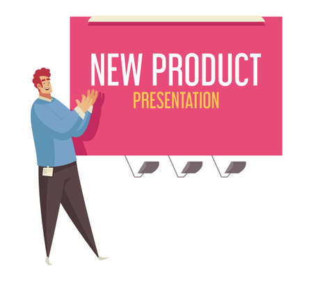 Happy male character going to give presentation of new product on screen flat vector illustrationのイラスト素材