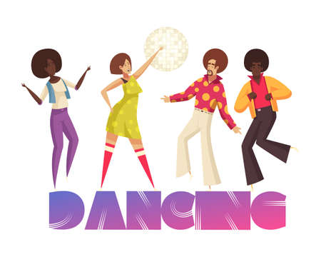 Disco party composition with text and characters of dancing people wearing disco style clothes vector illustrationのイラスト素材