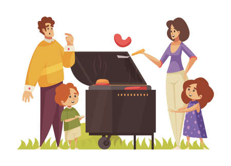 Bbq composition with characters of parents with children and barbecue grill with sausages vector illustrationのイラスト素材