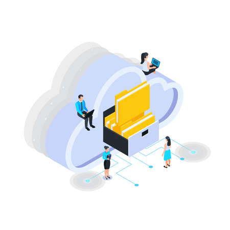 Cloud services isometric composition with icons of folders in cloud box with sitting people vector illustrationのイラスト素材