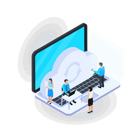 Cloud services isometric composition with image of laptop with small human characters and cloud icon vector illustrationのイラスト素材