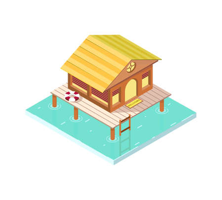 Tropical rest isometric icon with exotic overwater bungalow 3d vector illustrationのイラスト素材