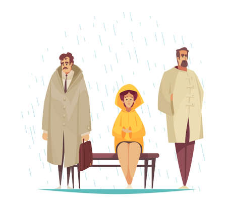 Bad weather composition with characters of sad people standing on bus stop under rain drops vector illustrationのイラスト素材