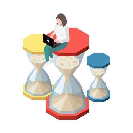 Time management planning schedule deadline isometric composition with character of worker sitting on hour glass vector illustrationのイラスト素材