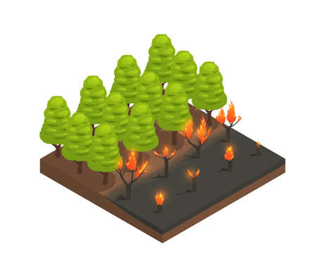 Natural disaster isometric composition with view of burning forest trees vector illustrationのイラスト素材
