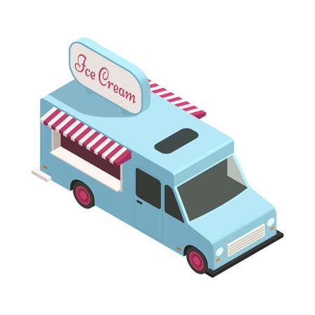 Isometric icon with retro blue ice cream truck on white background 3d vector illustrationのイラスト素材