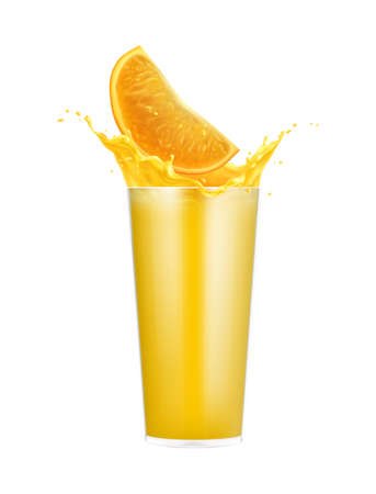 Orange juice splashes composition with isolated image of whole glass with slice and liquid splash vector illustrationのイラスト素材
