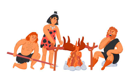 Primitive man caveman composition with group of ancient people cooking dinner at fireplace vector...
