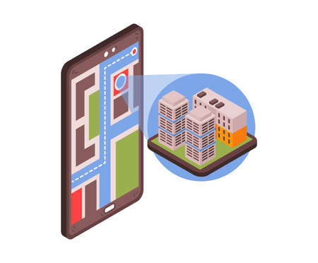 Isometric taxi navigation composition with smartphone app and images of buildings block vector illustrationのイラスト素材