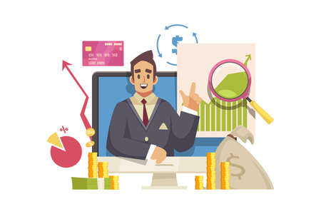 Video blogger composition with desktop computer and human character surrounded by financial icons and signs vector illustrationのイラスト素材