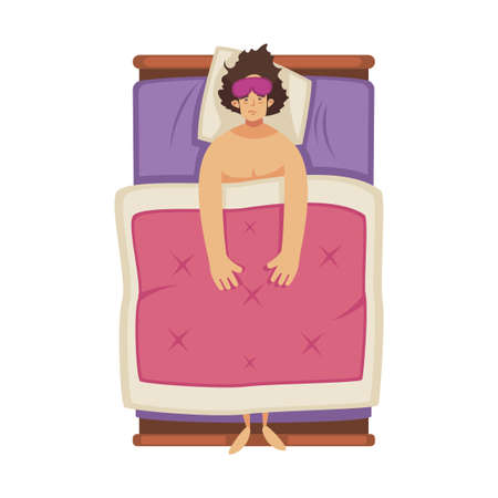 Sleep time composition with top view of sleepless man lying in bed with mask flat isolated vector illustrationのイラスト素材