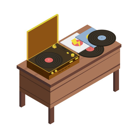 Flea market stall with vinyl discs and record player isometric icon 3d vector illustrationのイラスト素材